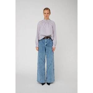 NEW STELLA NOVA high ruffle neck striped blouse in red & blue stripes